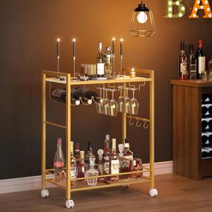 Joaxswe Bar Cart,2-Tier Home Bar Serving Cart with Lockable Wheels,Gold