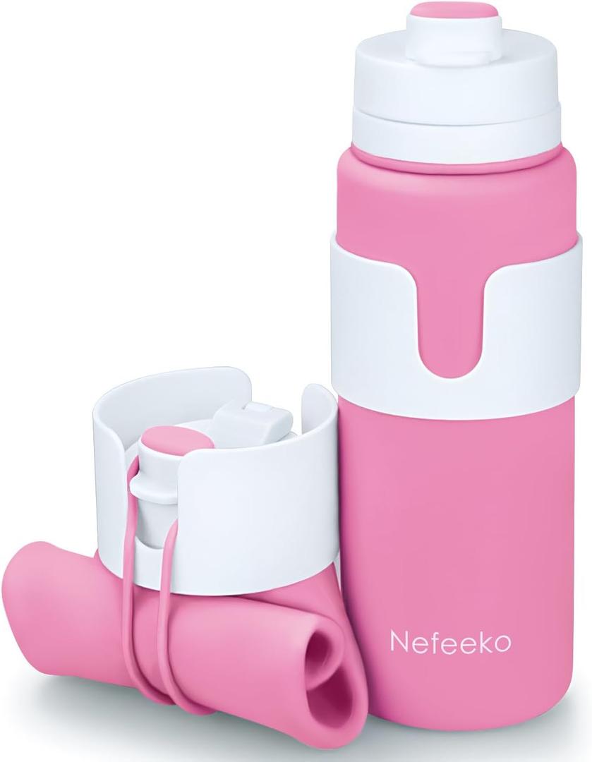 Nefeeko Collapsible Water Bottle, BPA Free 26oz Foldable Water Bottle for Travel Sports, Leak-Proof Spill-Proof Portable Water Bottles with Carabiner, Lightweight (Pink)