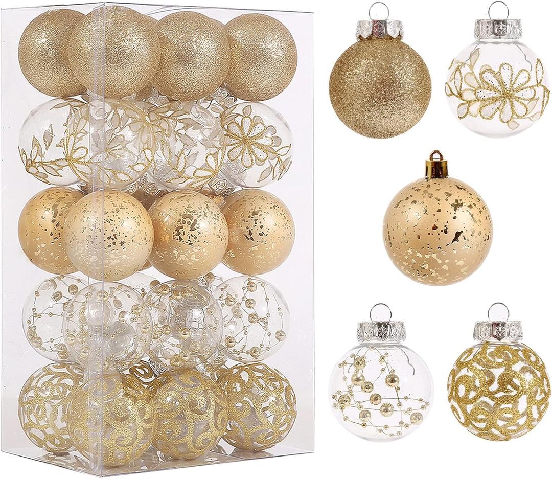 60mm/2.36 Inch Clear Christmas Ball Ornaments Set, 30ct Champagne Gold Christmas Ornaments Ball for Christmas Tree Decoration Shatterproof Transparent Baubles with Stuffed Decoration for Wedding Party