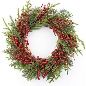 20 Inches Classic Christmas Wreath Rustic Christmas Wreaths for Front Door Xmas Winter Wreath with Green Norfolk Pine Needle Red Berry for Door Window Porch Wall Indoors Outside
