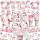 201pcs 80th Birthday Decorations for Women Tableware Set, Rose and Gold 80th Birthday Plates and Napkins,2pcs tablecloth, Pre-Strung Banner for 80 and Fabulous Decorations, 25 Guests