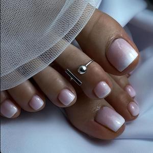 Square Fake Toenails French Press on Toenails Nude Pink Short Acrylic White Gradient False Toes Nails with Designs Glossy Artificial Beach Full Cover Toenail for Women Girls 24Pcs (FT11)