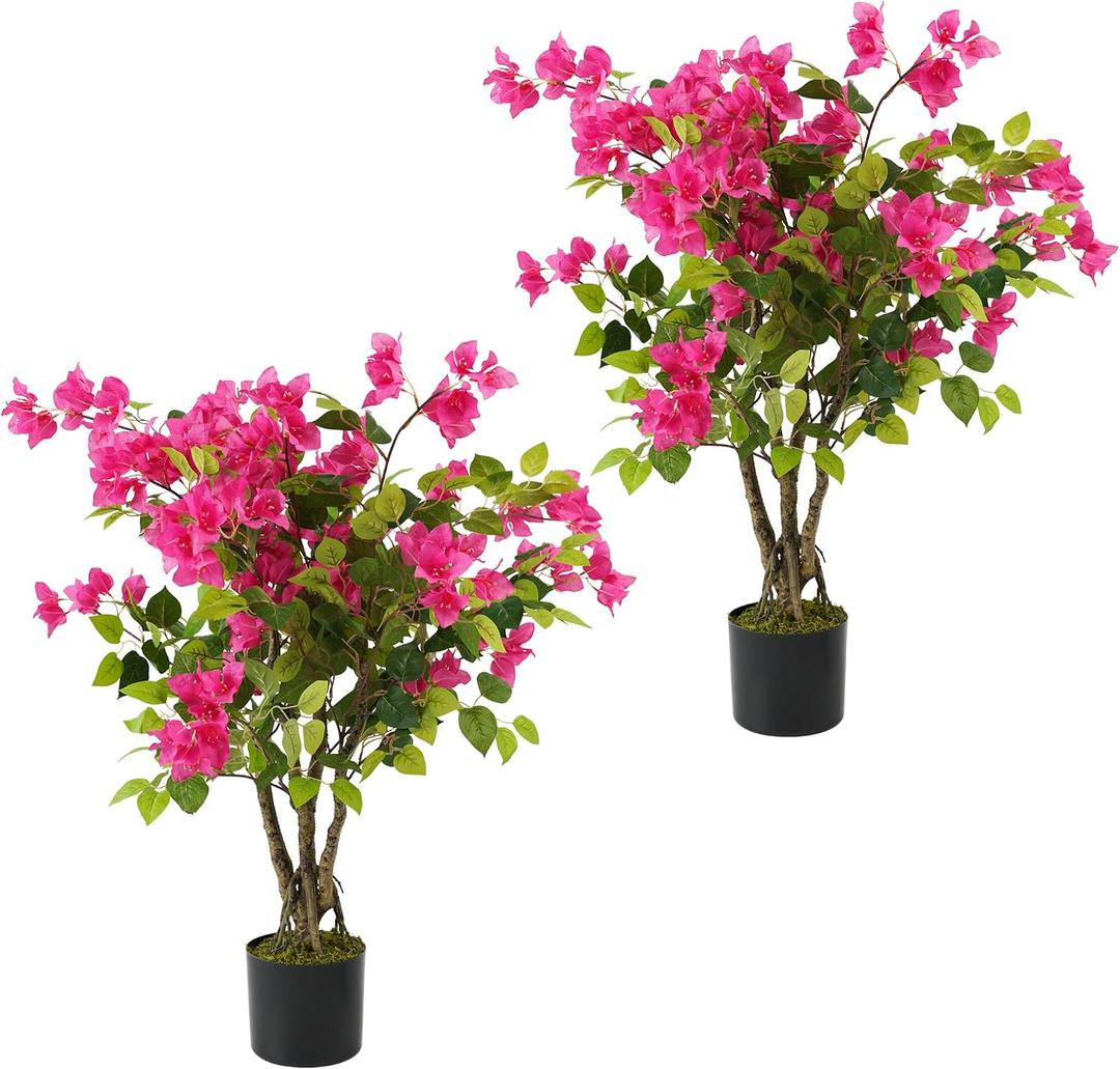 2 Pack Artificial Bougainvillea Tree, 3FT Small Fake Flowering Plant with Pink Bougainvillea Flowers, Potted Faux Tree for Indoor Outdoor Home, Balcony, Porch, Office, and Garden Decoration