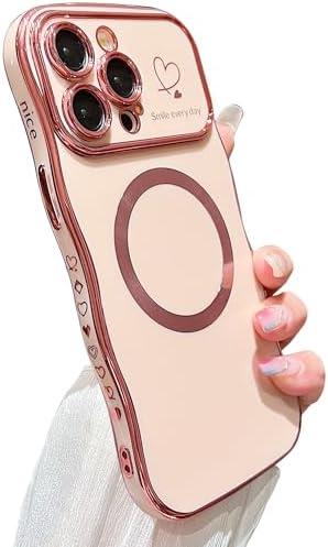 ZONRW for iPhone 15 Pro Case Magnetic,for Women Girls Soft Cute Wave Frame Curly Shape Love Heart Luxury Plating Phone Case Compatible with MagSafe Shockproof Back Cover 6.1"-Pink