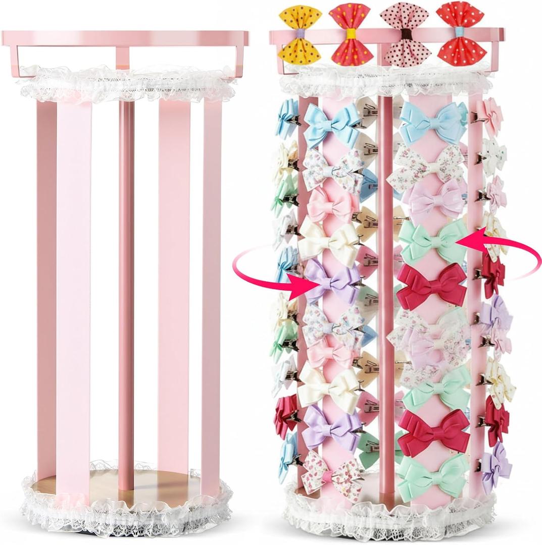 Remerry Pink Hair Bow Holder for Girls Gift Rotating Bow Organizer Stand with Headband Hanger Hair Clips Accessories Display Rack for Baby Nursery Toddler Room Decor