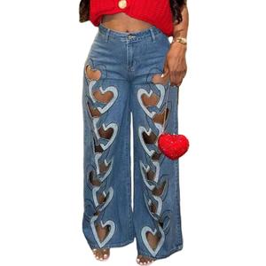 Famnbro Womens Ripped Jeans Heart Cutout Baggy Y2k High Waisted Straight Wide Leg Sexy Denim Pants (Large, Blue)