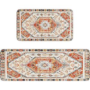Boho Kitchen Rug Rectangle Yellow, 2 Pack Non Slip Washable Farmhouse Style Kitchen Rugs  (17"x47" and 17"x30")