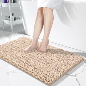 Yimobra Long Bathroom Rugs Non Slip Washable 44x24 Inch - Ultra Soft Absorbent Chenille Bath Mat, Quick Dry Shaggy Floor Carpet for Tub Shower, Light Brown Home Decor Accessories