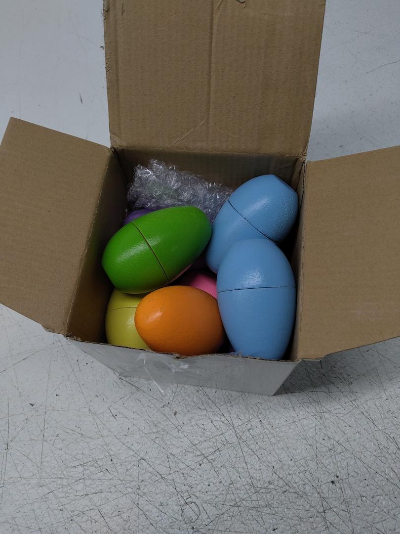 Marsui 12 Pcs Fillable Easter Colorful Wooden Eggs Basket Stuffers Hollow Wooden Easter Fake Eggs Hunt DIY Painting Art Craft Decorations Spring Home Decor