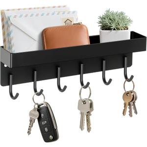 Magnetic Key Holder Wall Mount, Small Metal Key Rack with Tray, 9.6 Inch, 6 Hooks, 2 Installation Options, Black