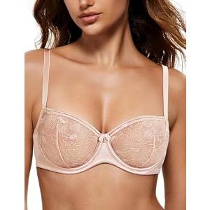 Wingslove Women's Sexy Lace Bra Sheer Balconette Bralette See-Through Bras Embroidered Unlined Underwire (Pink Nude,40DD)