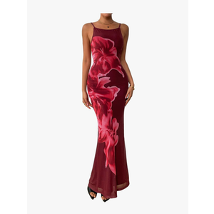 PRETTYGARDEN Womens Summer Dresses 2025 Elegant Spaghetti Straps Evening Gown Floral Print Bodycon Maxi Mesh Sundress Large