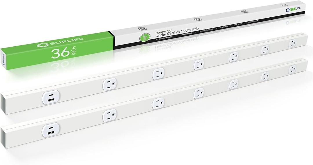 36" Under Cabinet Outlet Strip, 2 x USB Ports, 6 x TR Outlets, ETL Listed