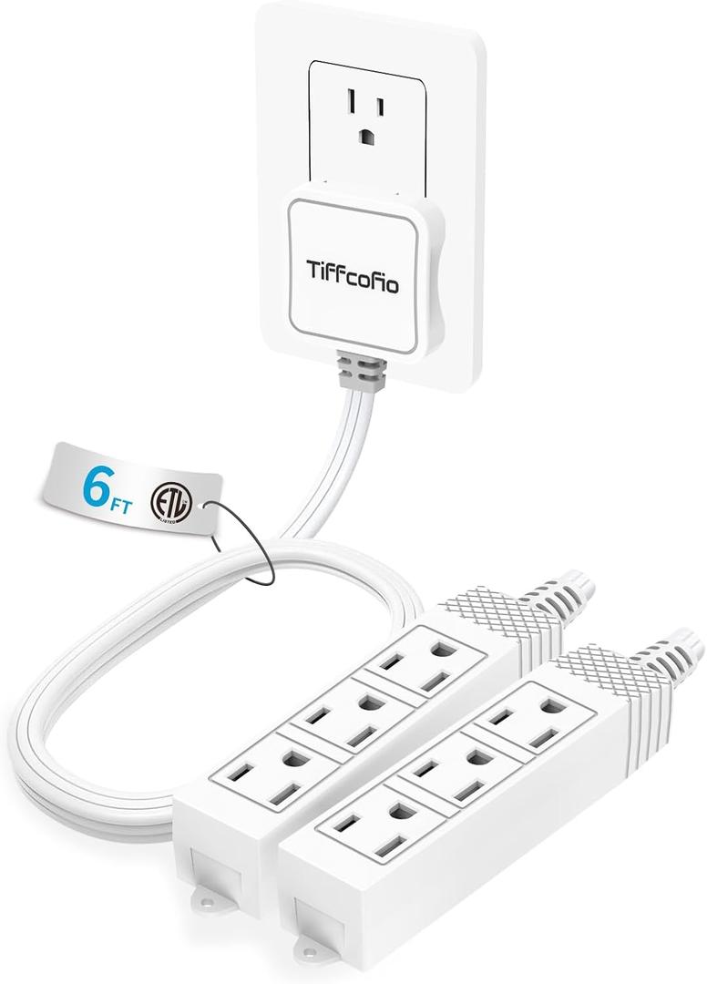TiFFCOFiO 3 Prong Flat Plug Outlet Strip, 12 Feet Extension Cord, 6 FT on Each Side, 3 Grounded Outlets with Mounting Holes, 13A/1625W, 16 AWG (Twin Outlets, 6FT)