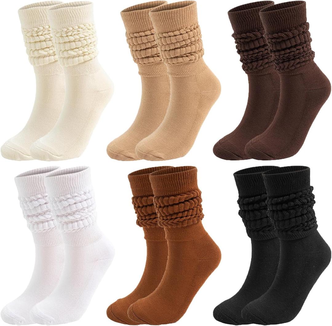 6 Pairs Slouch Long Scrunch Knee High Boot Socks - Knit Stacked for Women (One Size, Multicolor)
