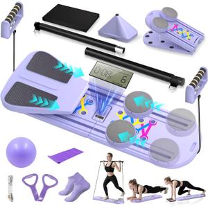 Pilates Board, Foldable Pilates Reformer Set for Home Workout with Timer, 6-in-1 Multifunctional Portable Reformer Pilates Machine at Home Pilates Equipment for Fitness, Exercise, Abs, Core Training