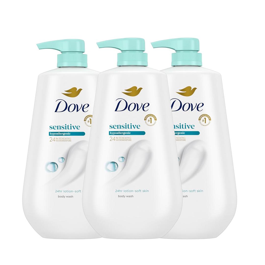 Dove Body Wash 3 Count Sensitive Skin For 24hr Lotion-Soft Skin Moisturizing Skin Cleanser Gentle Hypoallergenic Formula with No Sulfates No Parabens