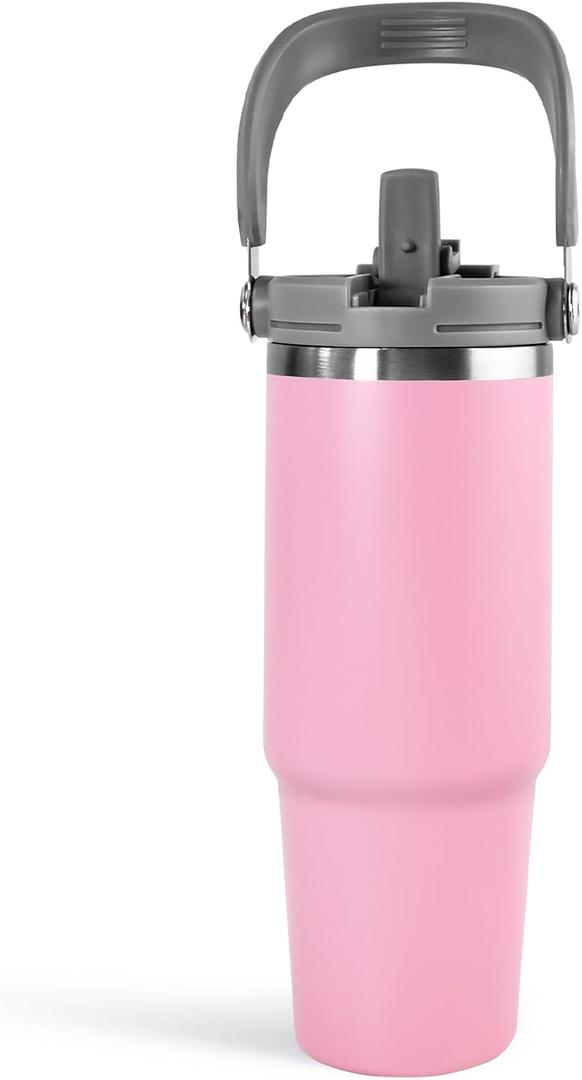 30 oz Tumbler with Handle and Straw Lid, Double Walled Vacuum Insulated Water Bottle Leakproof Tumbler Travel Coffee Mug Thermal Cup, Cupholder Friendly for Office, Home, Sport, Pink