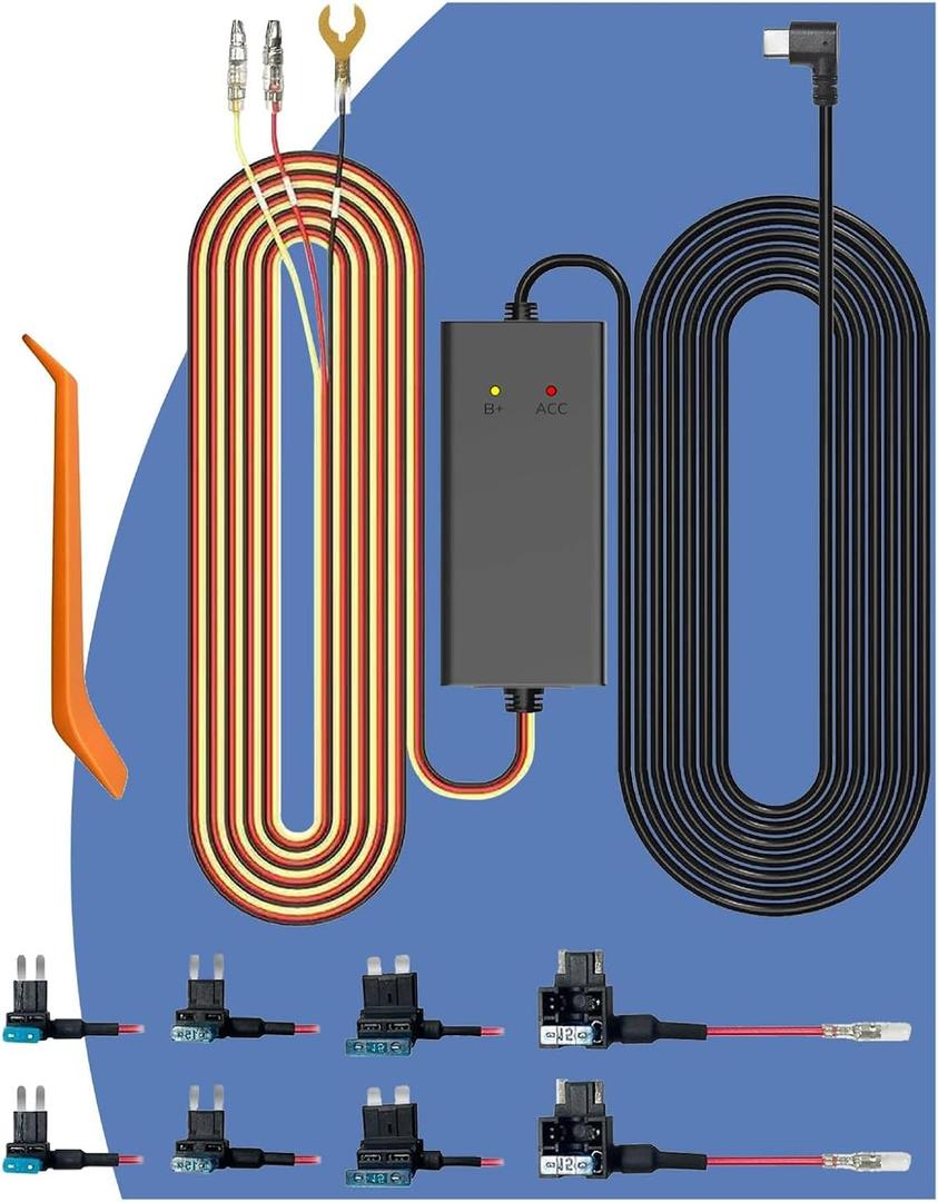 Dash Cam Hardwire Kit USB C Acc Power Cable with 24H Parking Mode & Low Voltage Protection, Compatible with Redtiger, Wolfbox, Vanture, Viofo, Rove, TERUNSOUL and Most Dash Cameras, 4 Fuse Tap Sets
