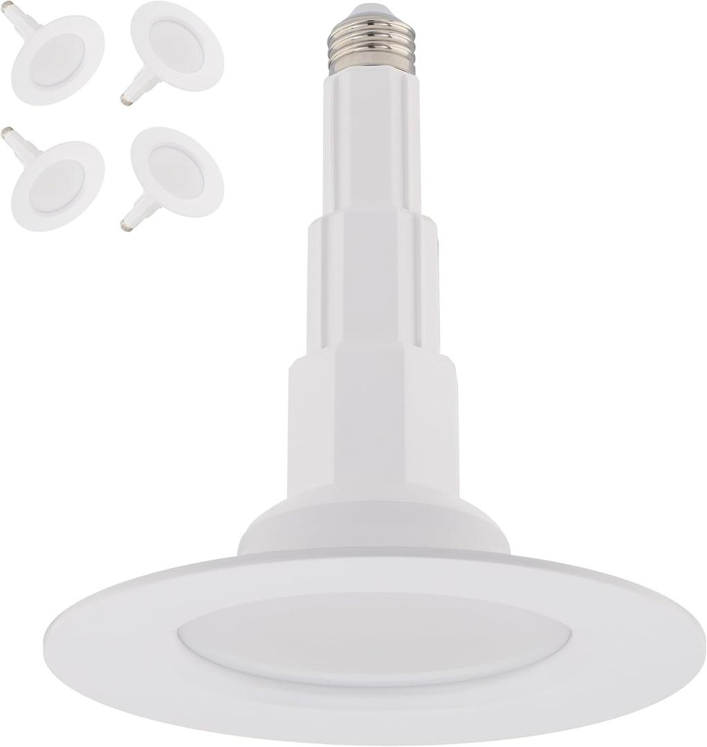 Just Screw Me in 6in LED Recessed Retrofit Light for E26 or Medium Base 4, 5, or 6 Inch Recessed Cans with Telescoping Neck and 5-CCT 2700-3000-3500-4000-5000K in White (Pack of 4) (6in Aperture)