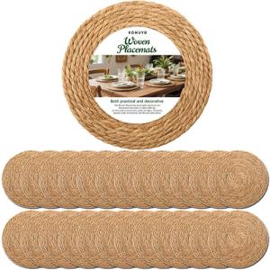 13 Inch Round Woven Placemats Set of 24, Boho Farmhouse Rustic Rattan Wicker Braided Chargers for Dining Table, Water Hyacinth Jute Place Mats for Dinner Plates, Outdoor Patio & Wedding Decor