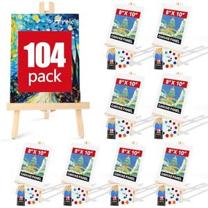 AROIC 104 Pack Easel and Canvas Sets with 8 Wood Easels,80 Brushes,8 Canvas and 8 Palette, Painting Set, Art Tabletop Easel, Painting Supplies for Kids & Adults Party