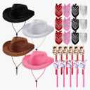 Xtinmee 36 Pcs Cowboy Party Costume Set, Cowboy Hats Paisley Bandanas Inflatable Stick Horses Kids Halloween Party Supplies