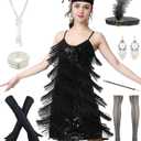 Women 1920s Gatsby Flapper Dress Sexy Open Back Strap Fringed Cocktail Party Dress with 20s Accessories (Black, L)