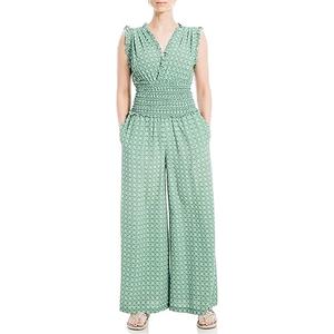 Max Studio Women's V-Neck Smocked Waist Jumpsuit, Green/Blue Deco Clover, Large, Green/Blue Deco Clover