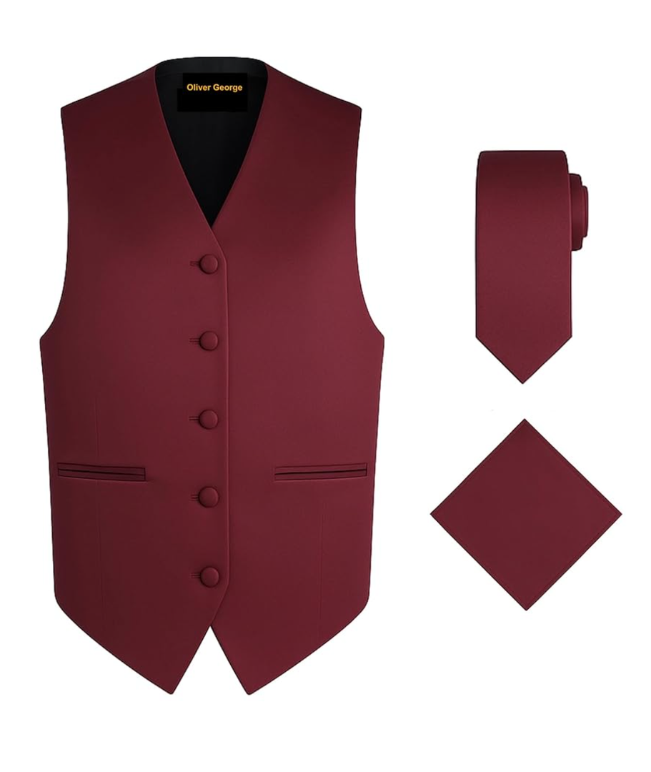 Oliver George 3pc Men's Solid Formal Suit Vest Waistcoat Tuxedo Dress Vest Necktie Handkerchief Set For Suit or Tuxedo, M