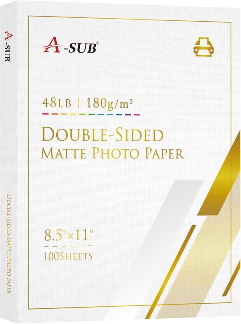 A-SUB Double Sided Matte Photo Paper 100 Sheets 8.5X11 Inches 48lb 180gsm Presentation Paper for Inkjet Printers for Reports Charts Printing