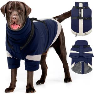 MIGOHI Dog Coat with Harness Built in, 2-in-1 Water-Resistant Dog Jacket, Reflective Snowsuit for Large Dogs, Fleece Lined with Turtleneck, Adjustable Buckle Coats, Border Collies, Navy Blue, XL