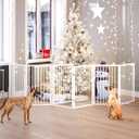 Vantas Folding No-Assembly Metal Pet Gate 120" Wide, 32" Extra Tall Dog Gate with Door Walk Through, Freestanding Accordion Puppy Gate Dog Door for Indoor & Outdoor, with 2PCS Support - White