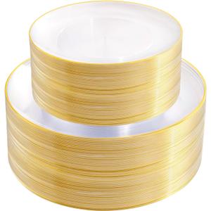 PULOTE 100PCS Clear and Gold Plastic Plates - Heavy Duty Clear Disposable Plastic Plates With Gold Trim for Wedding&Party Include 50 Dinner Plates, 50 Dessert Plates