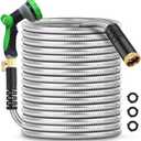 50Ft Metal Garden Hose, Durable Stainless Steel, Flexible And Lightweight, Kink And Tangle Resistant, With 10-Way Nozzle, 3/4 Metal Fittings, And Stop Valve, Silver