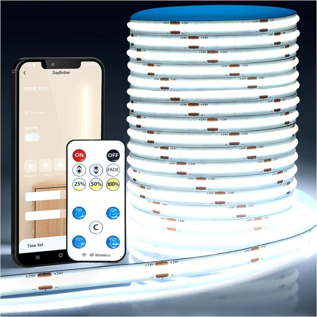 COB LED Strip Lights, LED Light Strips with Remote and App,16.4ft 6500K Dimmable Bright Daylight White LED COB Light Strip, Adhesive Indoor COB LED Lights for Bedroom, Living Room, TV, Shelf, Cabinet