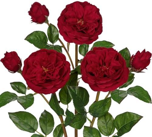 Arborus Real Touch Artificial Roses (Set of 3) – 23.6" Long Stem Red Garden Roses – Lifelike Faux Silk Flowers for Wedding Bouquets, Home Décor, Centerpieces & Floral Arrangements