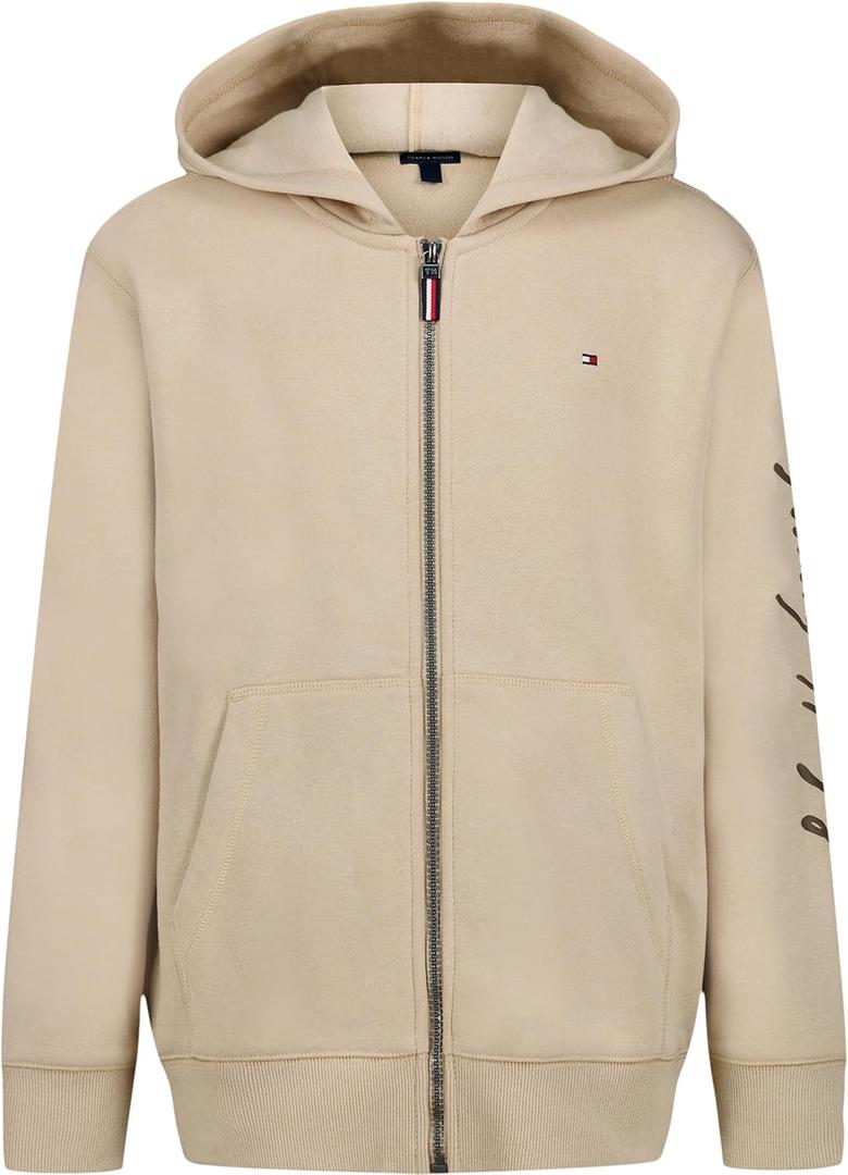 Tommy Hilfiger boys Long Sleeve Fleece Full Zip Hoodie With Front Pockets (10-12, Signature Hummus) M