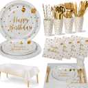 Birthday Party Tableware, 161 Pieces White Gold Party Supplies, Party Dinnerware Sets Include Paper Plates Napkins Cups Silverware, for Shower Engagement Parties Decoration -20 Serves