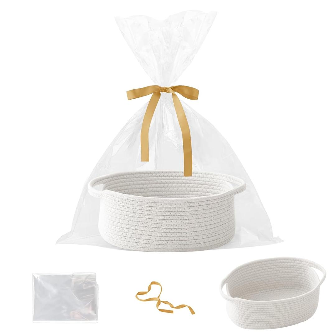 Small Woven Rope Basket-Empty Gifts Basket with Bag and Ribbons,Cute Handle Organizer Box for Birthday/Baby Shower, Toy Storage, Nursery Organizing & Shelf Decor(White)