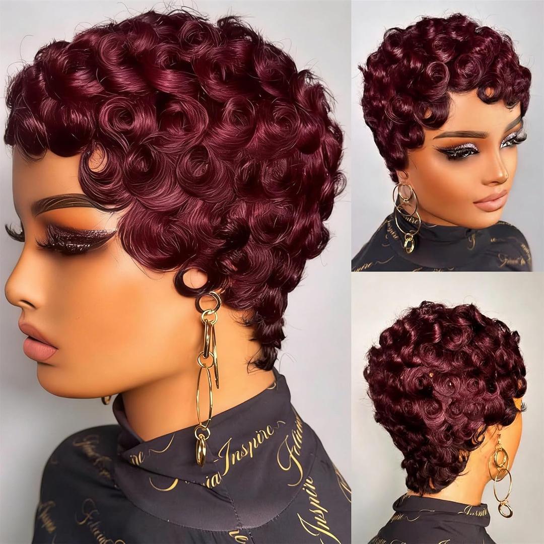 Short Pixie Cut Wigs for Black Women Brazilian Curly Pixie Cut Wig Human Hair Burgundy 99J# Short Layered Wigs With Bangs No Glue Human Hair Wig for Daily Use