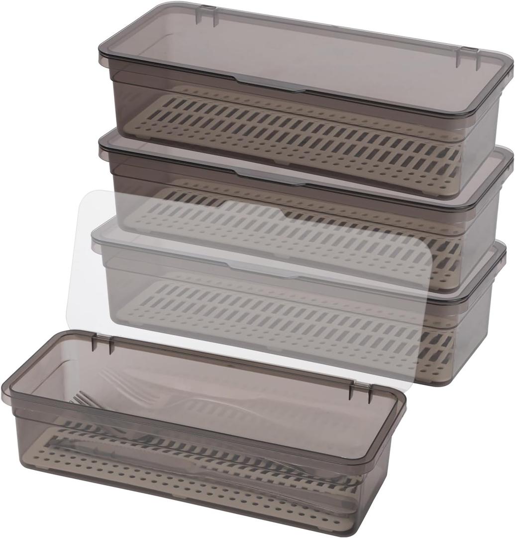 4 Pcs Clear Flatware Tray with Lid & Drainer - Large Plastic Silverware Utensil Drawer Organizer, Cutlery Storage Container for Home & Travel