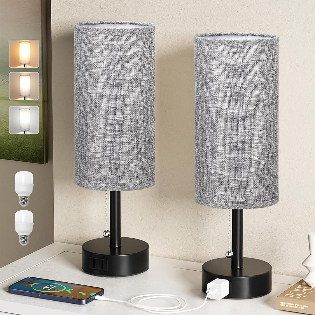 Fenmzee Grey Bedside Table Lamps Set of 2-3 Color Temperatures Pull Chain Lamp with AC Outlet Charging Port, Round Night Stand Lamps for Bedroom Office, Small Bed Side Light with E26 LED Bulbs,14.0in - AC