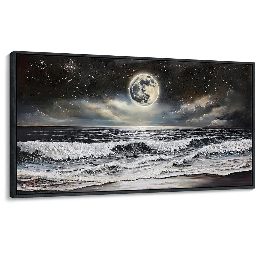 QZQCBLC Black and White Wall Art, Sea Beach Pictures Moon Starry Clouds Ocean Scene Framed Canvas Paintings Artwork for Living room Bathroom Bedroom Home Office Wall Pictures Decor 20x40 IN