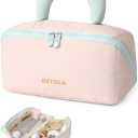 Detola Travel Makeup Bag, Cosmetic Bags for Women Lay Flat Makeup Bag with Compartments and Handle Waterproof Toiletry Bag Wide Open Portable Pouch Travel Essentials Gifts for Women, Pink
