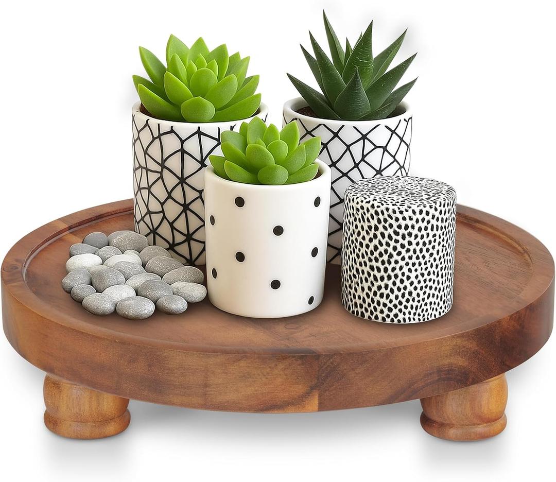 Demigo 10" Acacia Wood Round Tray - Decorative Plant Stand, Farmhouse Countertop Organizer, Multi-Purpose Display Pedestal, Riser Board for Soap, Perfume, Candles, Sponge, Bathroom, Kitchen