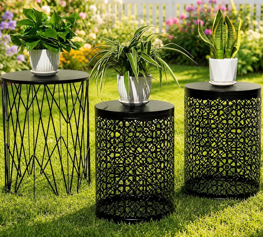 Y&M Outdoor Side Tables, Set of 3 Metal Stacking Patio Side Tables for Outside, Round Indoor End Tables, Coffee Accent Poolside Tables for Patio Garden Balcony, Black