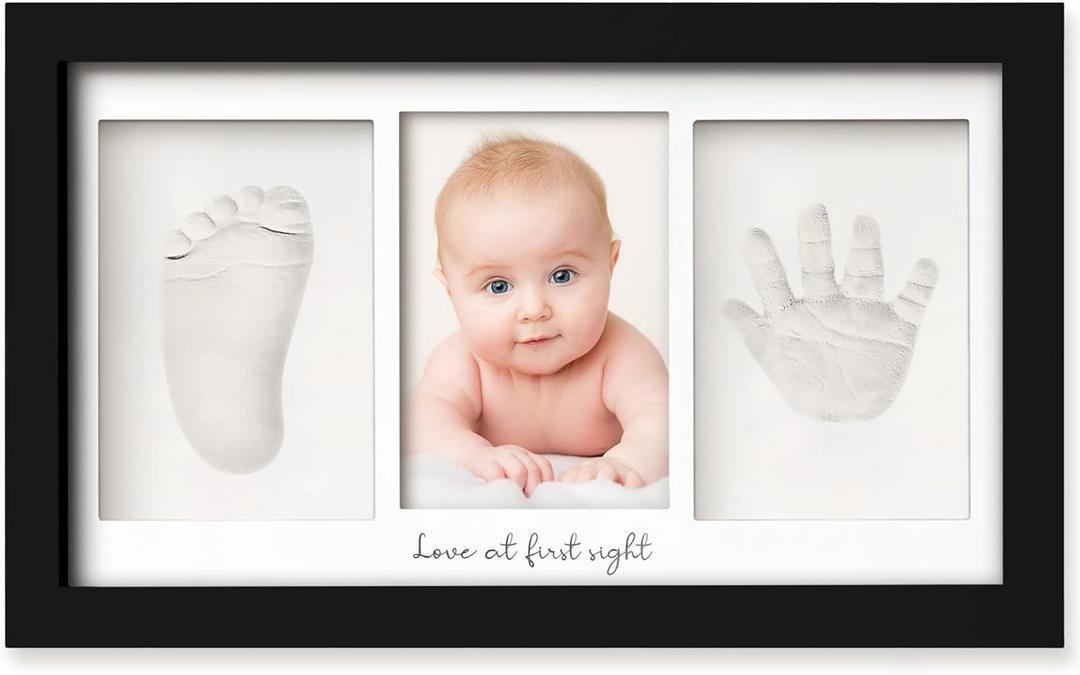 Baby Hand and Footprint Kit - Clay Handprint Keepsake Frame, Newborn Nursery Picture Frame, Personalized New Mom Gifts for Baby Shower & Registry (Onyx Black) (Duo Frame, 13" x 7.9")