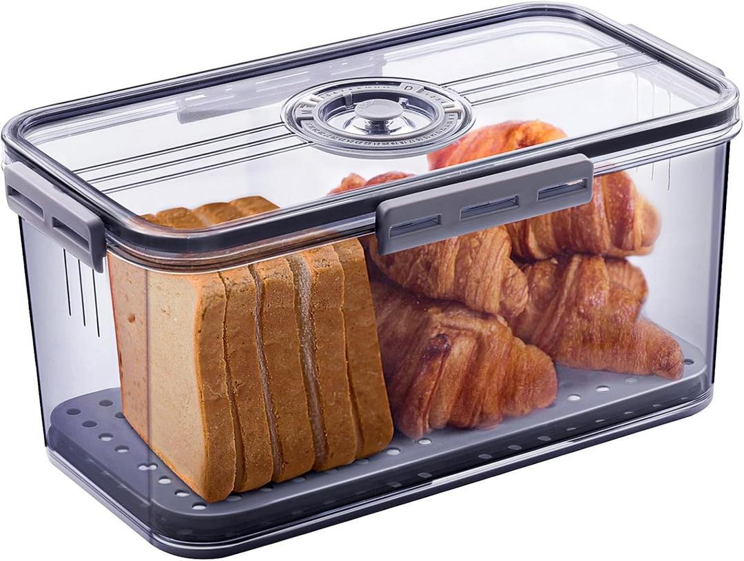 Bread Box Bread Boxes for Kitchen Counter Airtight, Time Recording Bread Storage Container with Lid, Bread Keeper for Homemade Bread, Toast, Bagel, Donut and Cookies, Grey