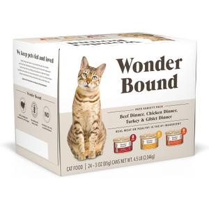 Amazon Brand - Wonder Bound Wet Cat Food, Pate, No Added Grain, Variety Pack (Beef/Chicken/Turkey & Giblet), 3 ounce (Pack of 24) (EXP 04/24/28)